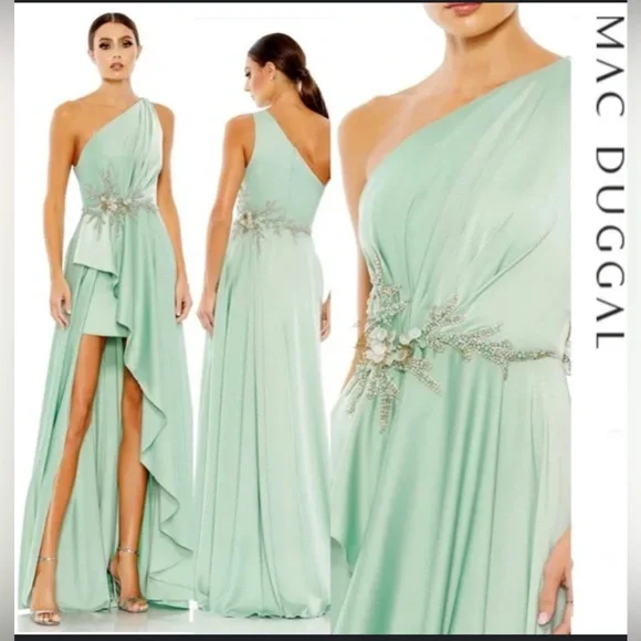 Mac Duggal Sage Green One-Shoulder Evening Dress - Picture 1 of 9